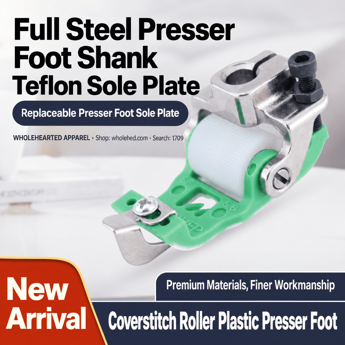 1709★ Teflon Roller Presser Foot with Fabric Trimmer for Three-Needle Five-Thread Coverstitch Sewing Machines.