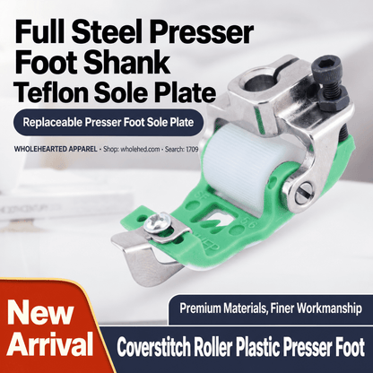 1709★ Teflon Roller Presser Foot with Fabric Trimmer for Three-Needle Five-Thread Coverstitch Sewing Machines.