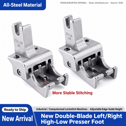 1936★ All-Steel Dual-Blade High-Low Presser Foot for Lockstitch Machines, Adjustable Left/Right Dual Edge Guides, 0.6/0.8 cm Seam Allowances.