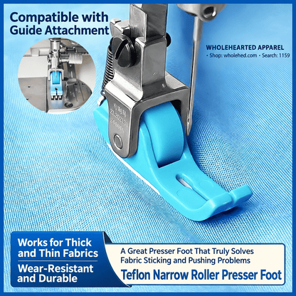 1159★ Teflon Narrow Roller Presser Foot with Plastic Sole for Flatbed Sewing Machines, Suitable for Thin and Thick Fabrics