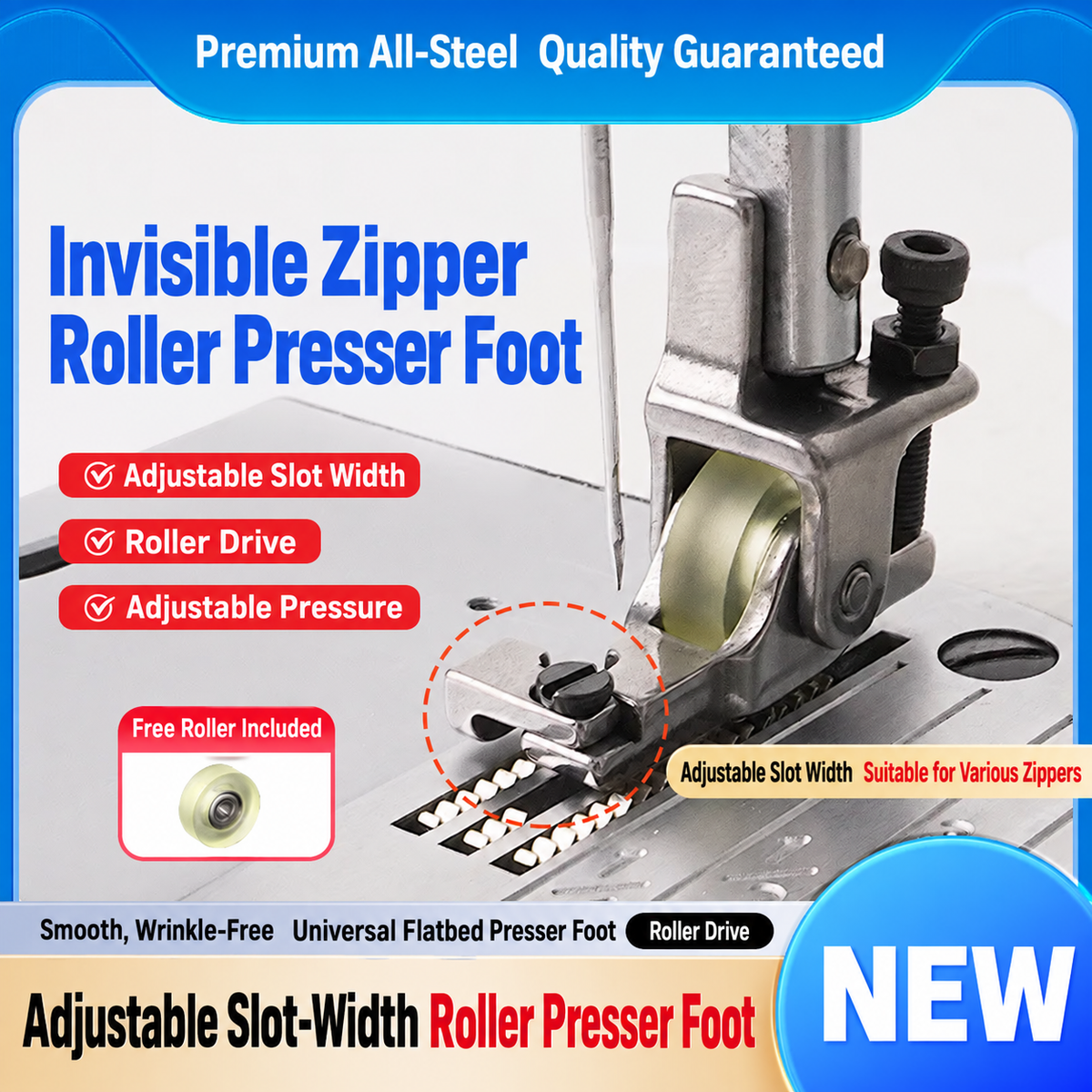 1007★ Neuer flacher, verstellbarer Nähfuß mit unsichtbarem Reißverschlussrollenfuß für Nähmaschinen, spezieller Reißverschluss-Radnähfuß, keine Falten.