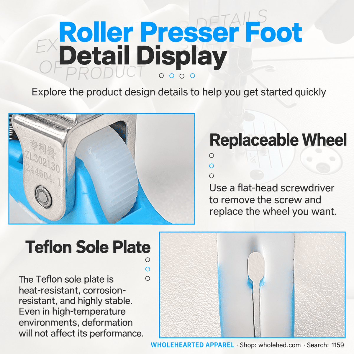 1159★ Teflon Narrow Roller Presser Foot with Plastic Sole for Flatbed Sewing Machines, Suitable for Thin and Thick Fabrics