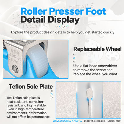 1159★ Teflon Narrow Roller Presser Foot with Plastic Sole for Flatbed Sewing Machines, Suitable for Thin and Thick Fabrics