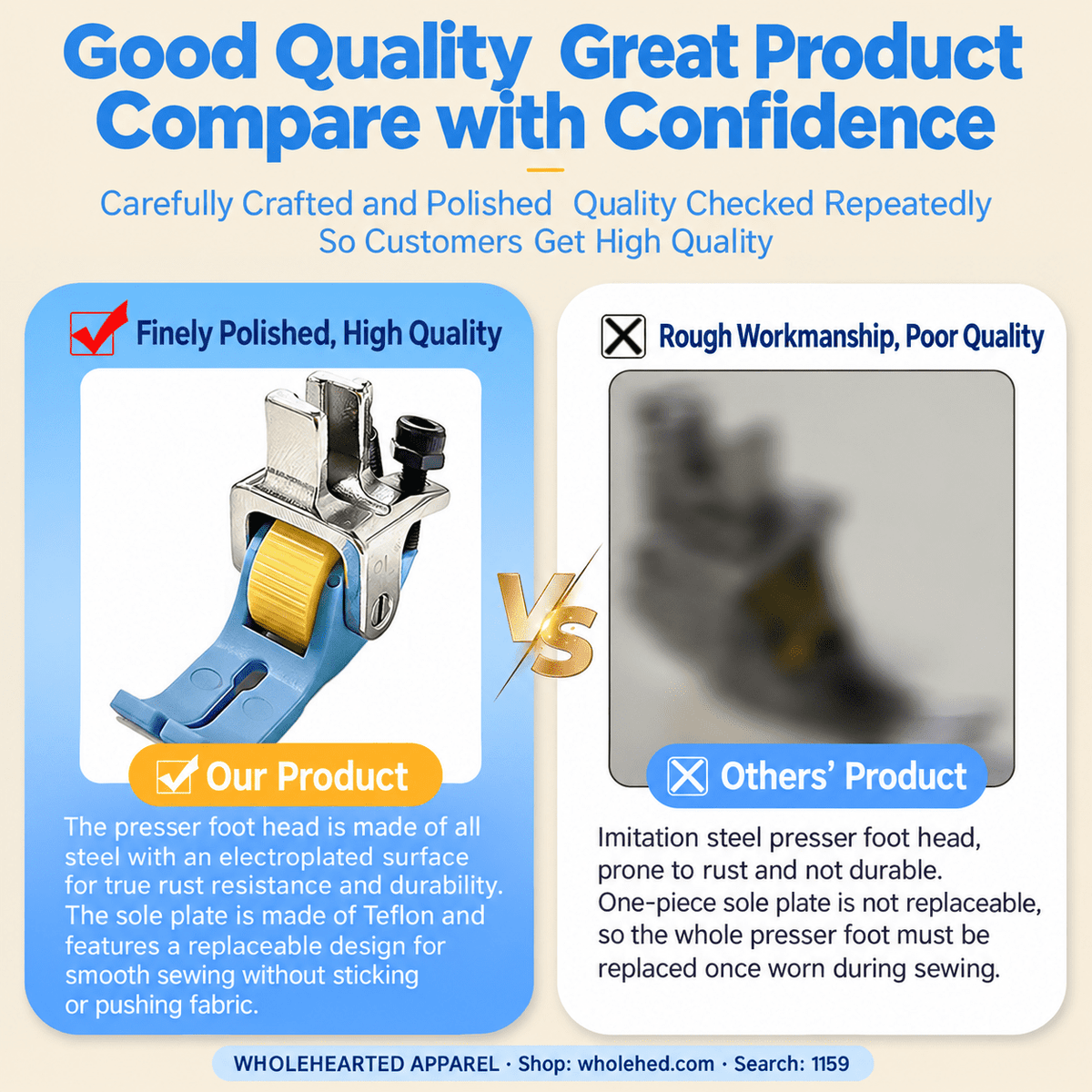 1159★ Teflon Narrow Roller Presser Foot with Plastic Sole for Flatbed Sewing Machines, Suitable for Thin and Thick Fabrics