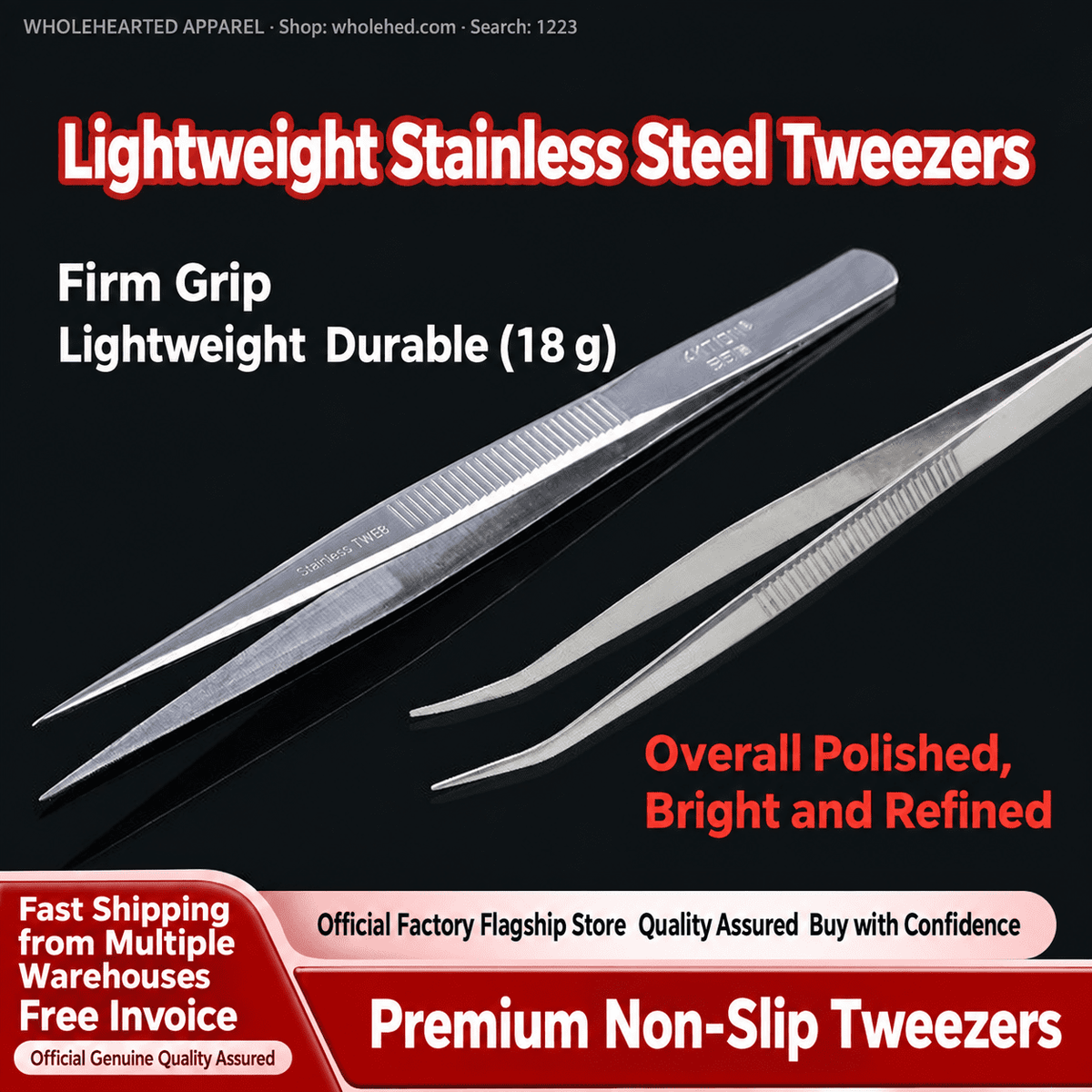1223★ Lightweight Stainless Steel Straight-Tip Tweezers with Mirror-Polished Finish and Non-Slip Grip for Garment Production.