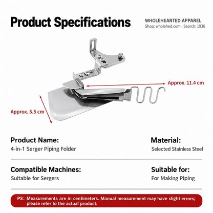 1936★ 4-in-1 Stainless Steel Piping and Edge Binding Folder with EX/747 Compatible Grooved Presser Foot for Overlock Machines