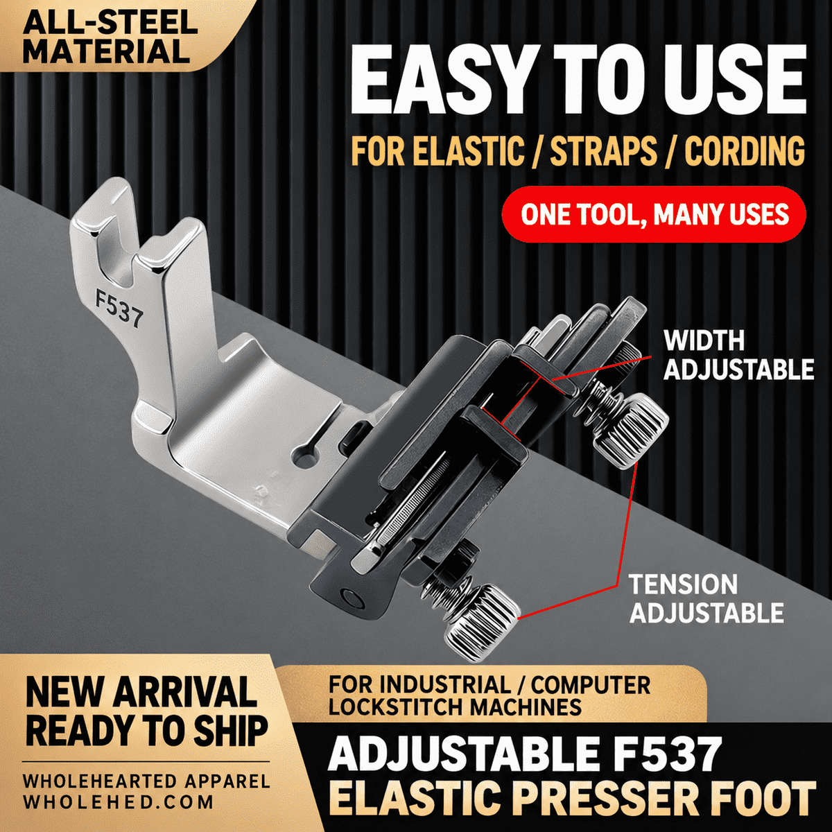 1610★ Adjustable Elastic Presser Foot for Industrial Sewing Machines, Electroplated All-Steel, for Elastic Bands and Shoulder Straps.