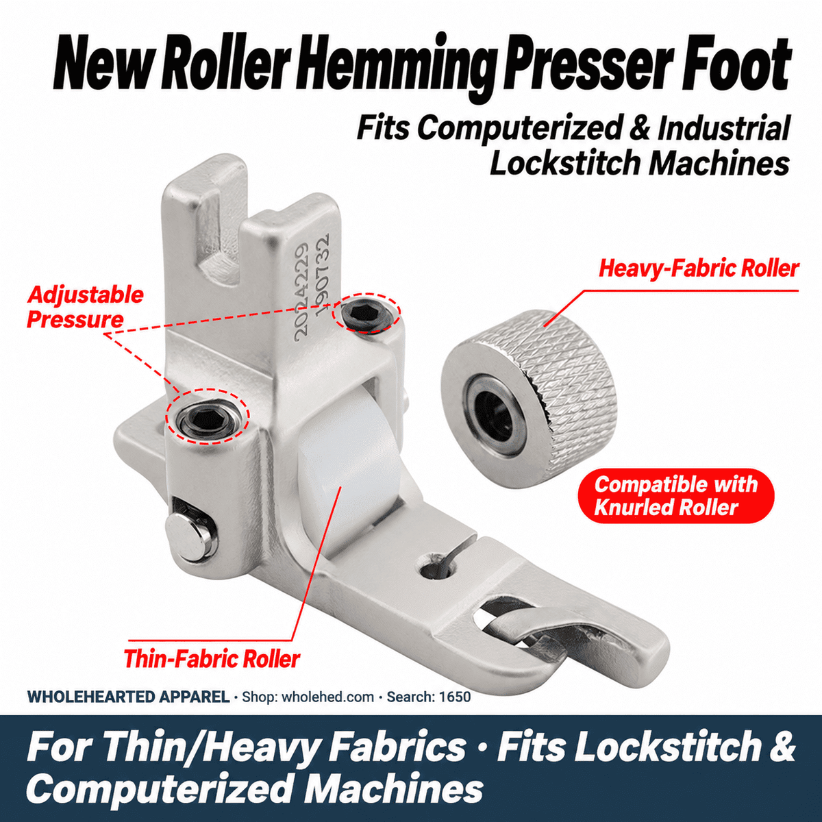 1650★ 0.3 Roller Hemming Presser Foot, Electroplated All-Steel Edge Folding Foot for Industrial Lockstitch Sewing Machines.