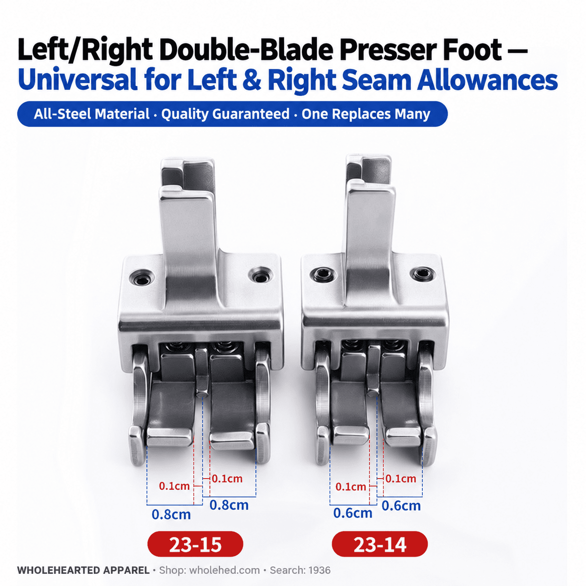 1936★ All-Steel Dual-Blade High-Low Presser Foot for Lockstitch Machines, Adjustable Left/Right Dual Edge Guides, 0.6/0.8 cm Seam Allowances.