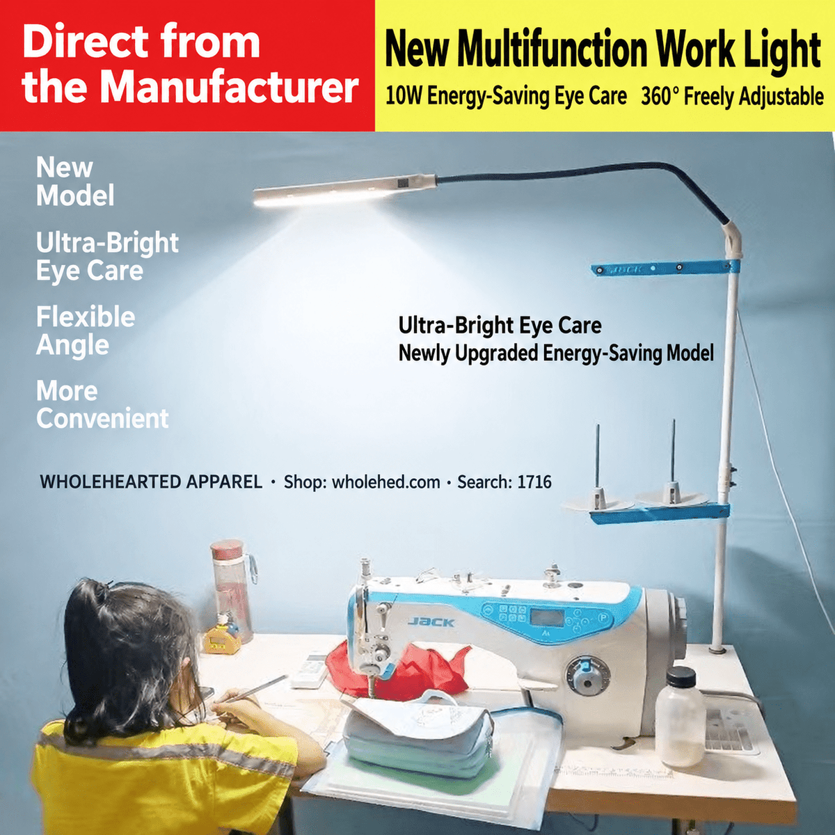 1716★ New adjustable LED sewing machine work light with thread stand mount, energy-saving design and comfortable lighting.