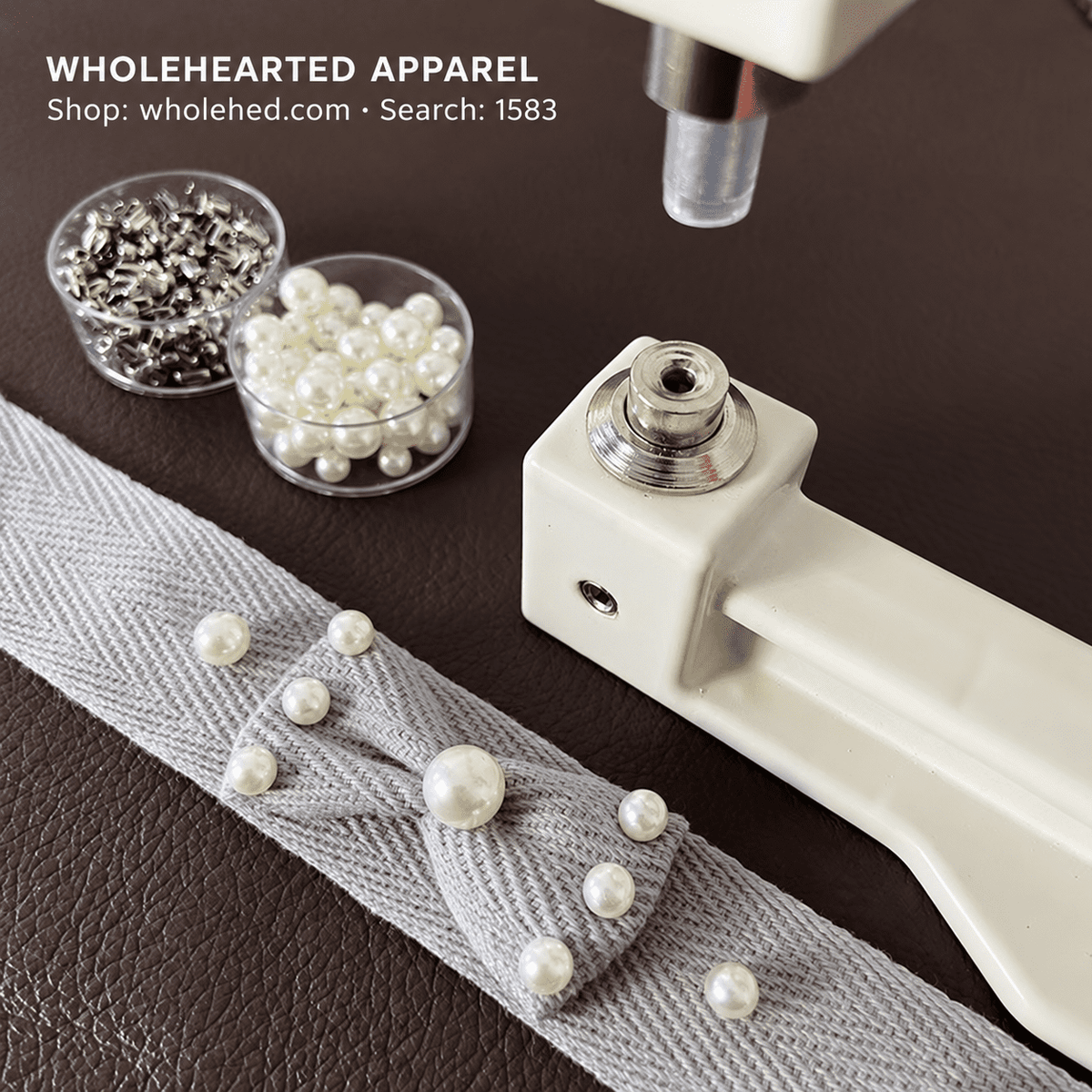 1583★ Portable Manual Pearl and Rhinestone Setting Machine Kit with One Box of No-Hole Faux Pearls and Four-Prong Studs.