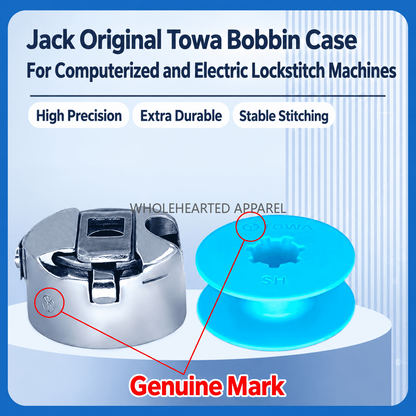 1162★ Original-Towa-Spulenkapsel mit Kunststoffspule und großer Federstahlplatte für computergesteuerte Jack-Steppstichmaschinen.