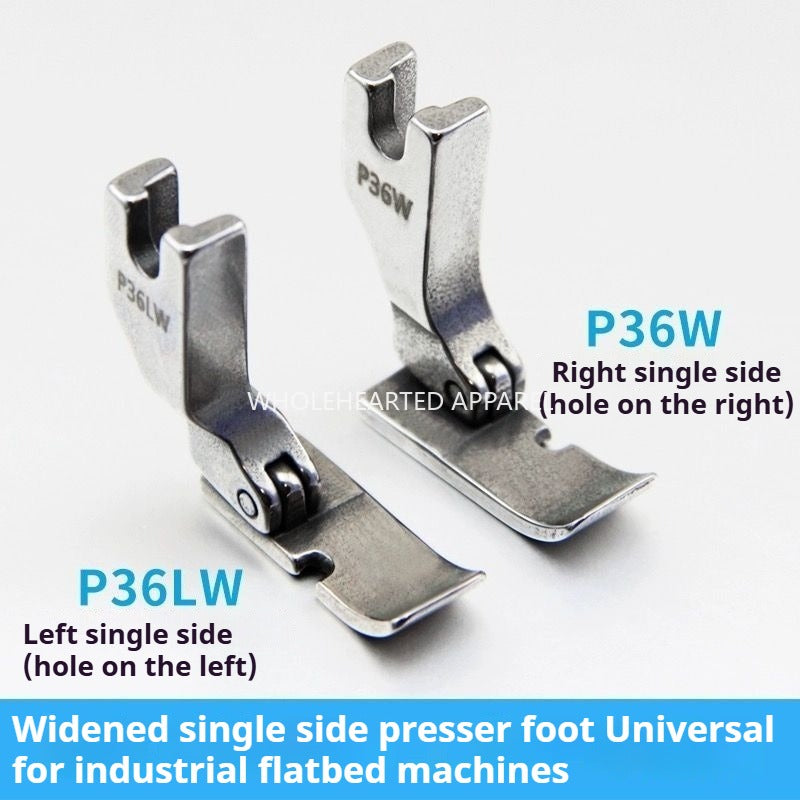 1503★ Pied-de-biche unilatéral gauche et droit pour machine à coudre plate, en acier, compatible avec les modèles P36LW et P36W. Plaque de base élargie de 10 mm.