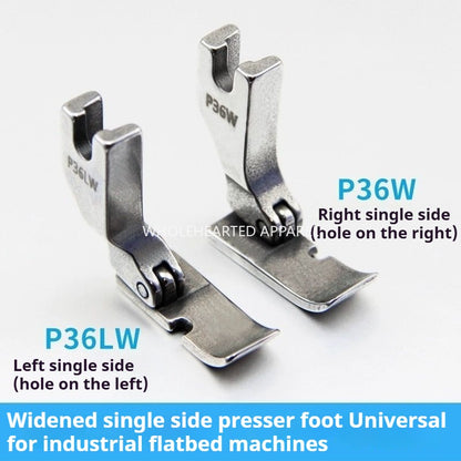 1503★ Pied-de-biche unilatéral gauche et droit pour machine à coudre plate, en acier, compatible avec les modèles P36LW et P36W. Plaque de base élargie de 10 mm.