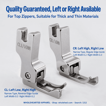 1212★ New Arrivals 2 | More Options | Narrow High-Low Zipper Presser Foot for Industrial Lockstitch Sewing Machines, 0.1/0.2 cm Edge Stitching