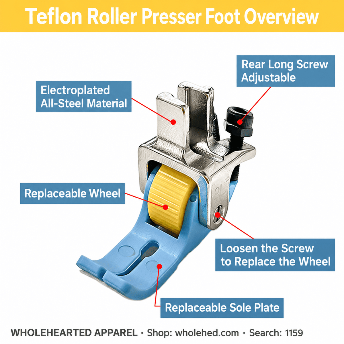 1159★ Teflon Narrow Roller Presser Foot with Plastic Sole for Flatbed Sewing Machines, Suitable for Thin and Thick Fabrics