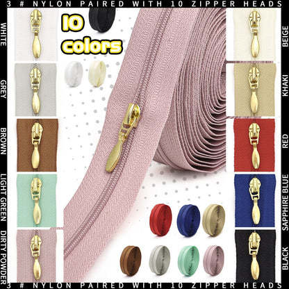 3100  Zipper No. 3 is wearing nylon solid color luggage zipper 4.5 meters + 10 light gold water drop heads = 1 pack