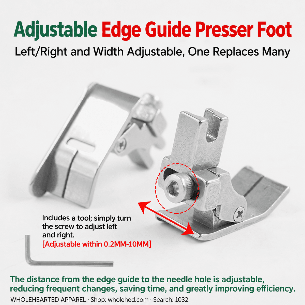 1032★ All-Steel Adjustable Right Edge Guide Presser Foot for Industrial Lockstitch Machines, Medium-Heavy Fabrics, Visible and Concealed Stitching.