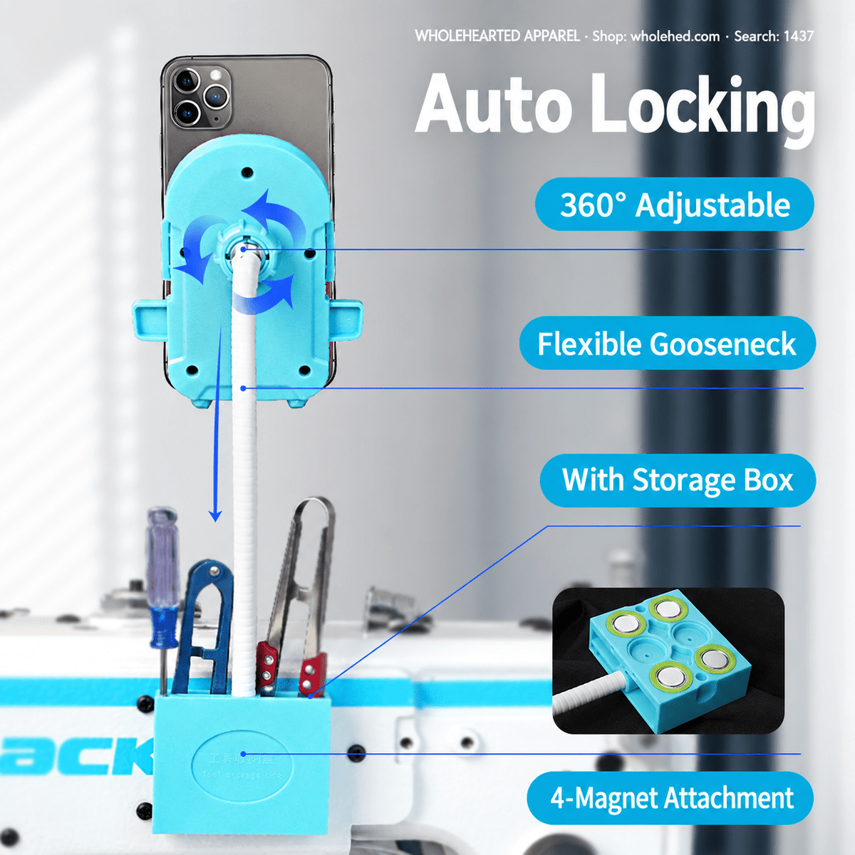 1437★ Stoßfeste magnetische Handyhalterung für Industrie-, Overlock- und Coverstichmaschinen, um 360° verstellbar