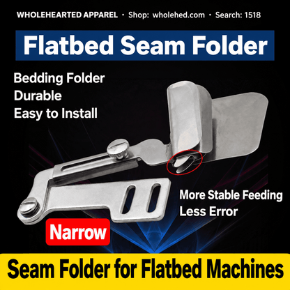 1518★ Industrial Flatbed Sewing Machine Seam Folder with Adjustable Dual-Layer Fabric Alignment and Straight-Grain Edge Folding Guide.