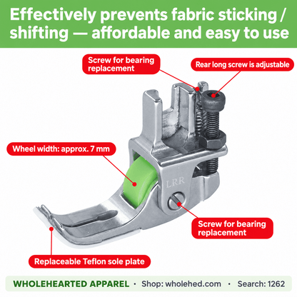 1262★ Premium Narrow 2-in-1 Teflon Roller Presser Foot for Thick Fabrics, Leather, Padded Jackets, Down Jackets & Curtains – Helps Prevent Fabric Jamming