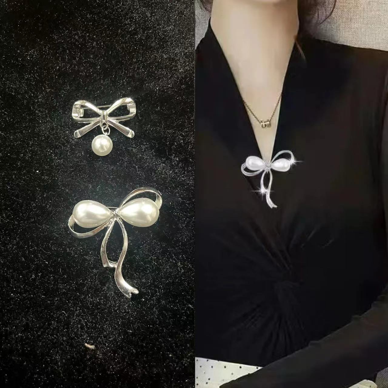 1877★ Alloy Rhinestone and Pearl Modesty Brooch Pin★