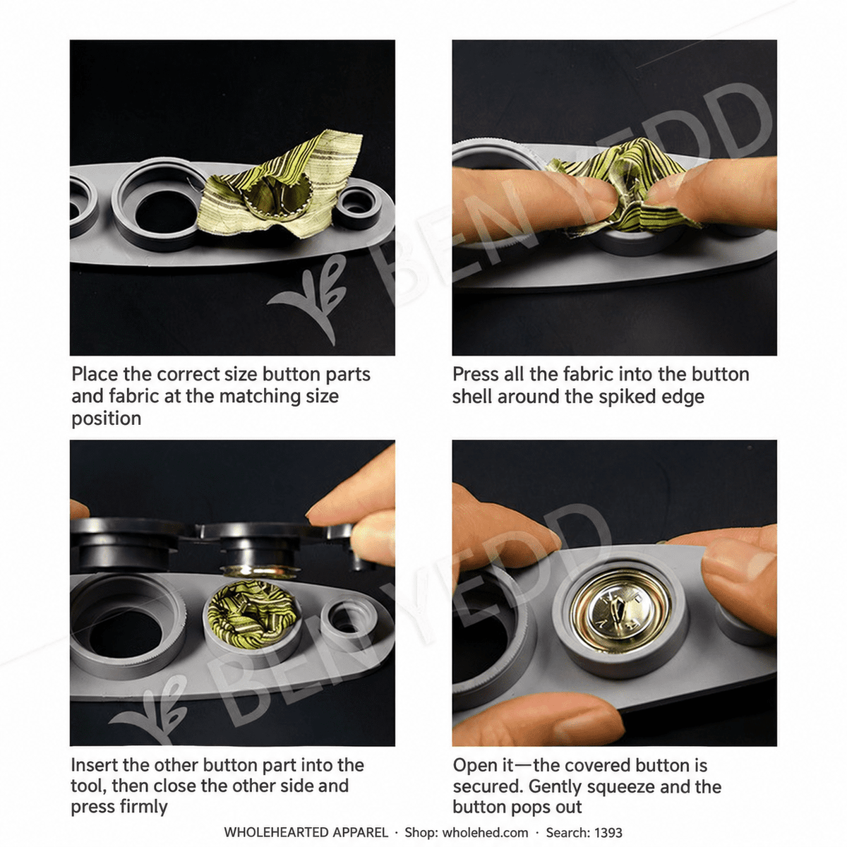 1393★ Universal Fabric-Covered Metal Button Maker Tool, 4 Sizes, Bulk Pack for 20 Pairs.