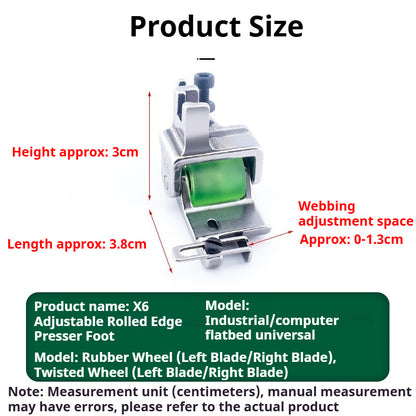 1742★ Adjustable Hemming Roller Presser Foot with Left and Right Edge Guide for X6 Flat-Bed Sewing Machine, for Hemming, Binding, and Topstitching Accessory★