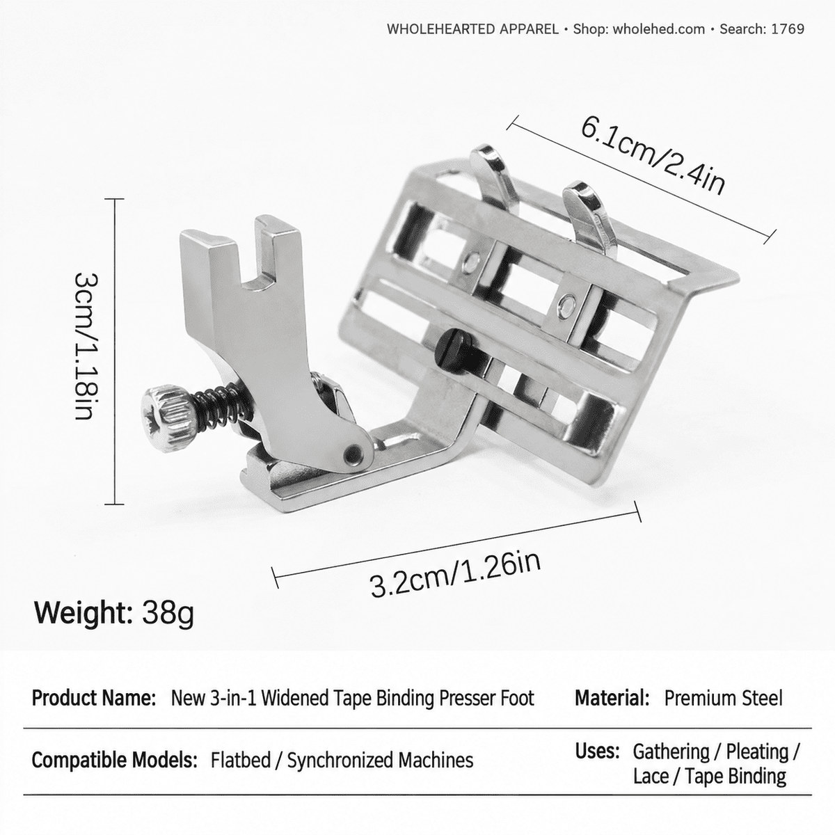 1769★ 3-in-1 Adjustable Wide Tape Binding Presser Foot for Pleating, Gathering, Lace, Webbing and Neckline Binding.