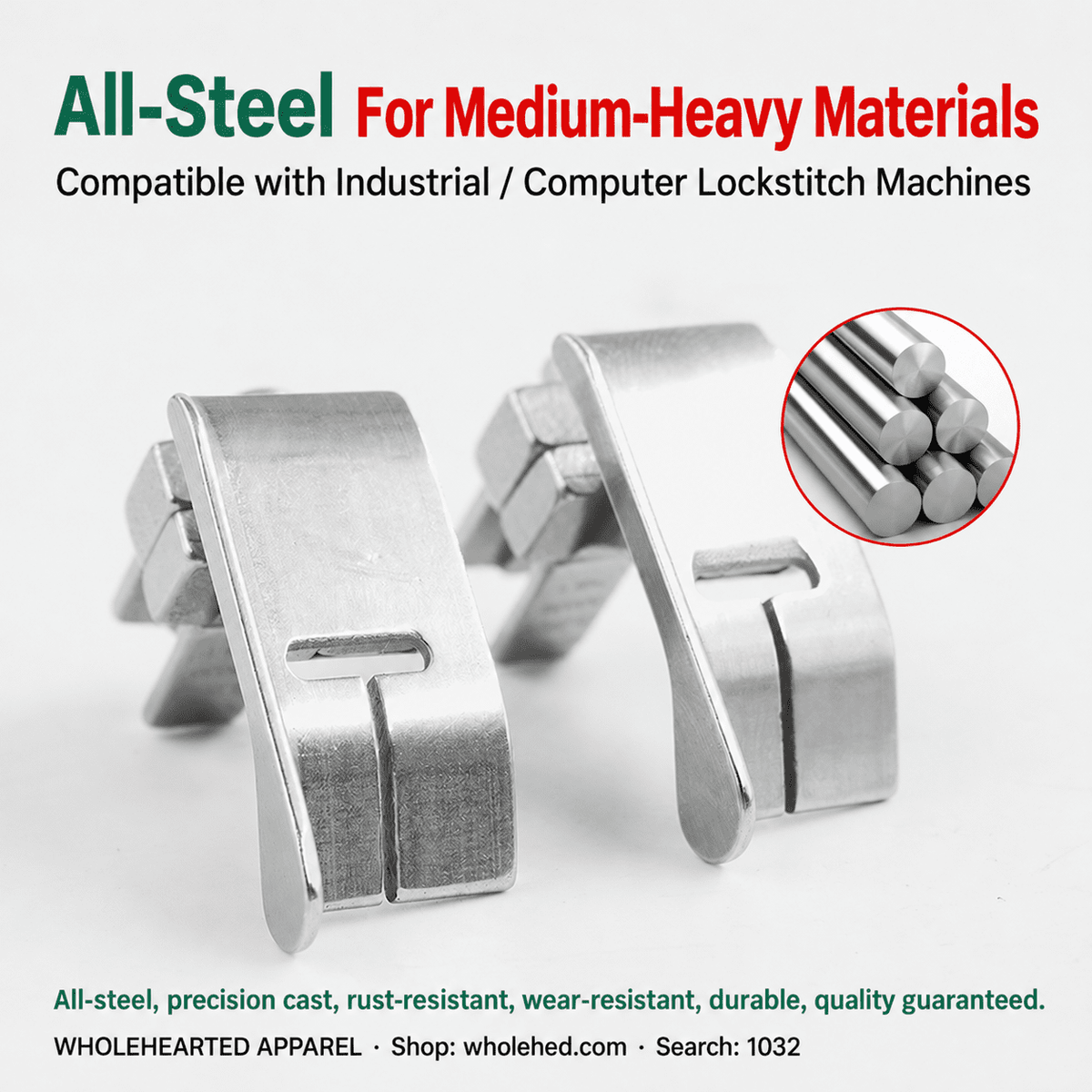 1032★ All-Steel Adjustable Right Edge Guide Presser Foot for Industrial Lockstitch Machines, Medium-Heavy Fabrics, Visible and Concealed Stitching.