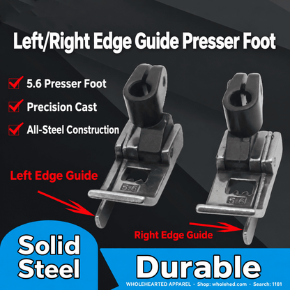 1181★ Left/Right Edge Guide Presser Foot for 3-Needle 5-Thread Coverstitch Machines, 5.6 mm Needle Gauge, 0.1/0.2 Topstitching.