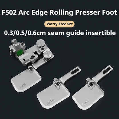 1754★ Nouveau pied ourleur courbe réglable F502, pied presseur à rouleau tout acier, adapté aux tissus légers en soie et en mousseline, accessoire de reliure populaire★