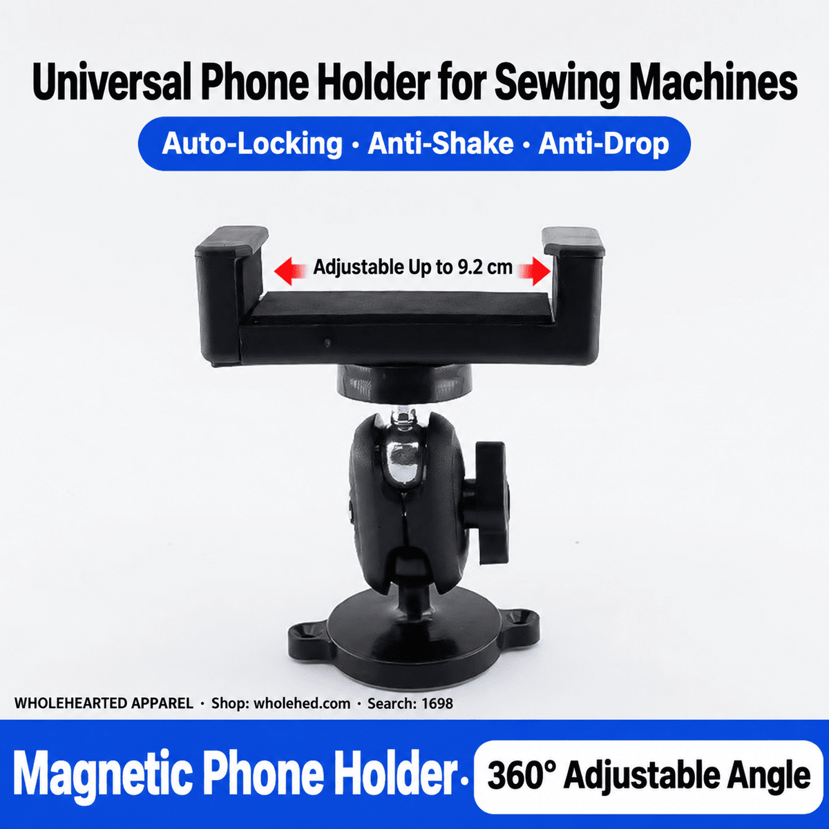 1698★ Universal Magnetic Phone Holder for Sewing Machines with Vibration-Resistant Design and Adjustable Portrait or Landscape Viewing.