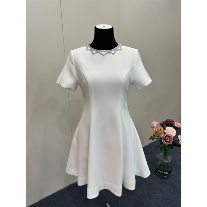8023★  25 Summer French high-end neckline handmade sequin design high waist thin short-sleeved dress women