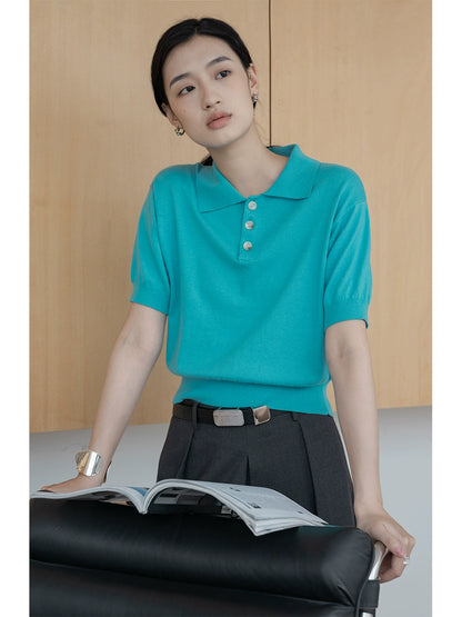 [Oferta por tiempo limitado] Camiseta de manga corta de punto con solapa tipo polo de color liso y temperamento sencillo 