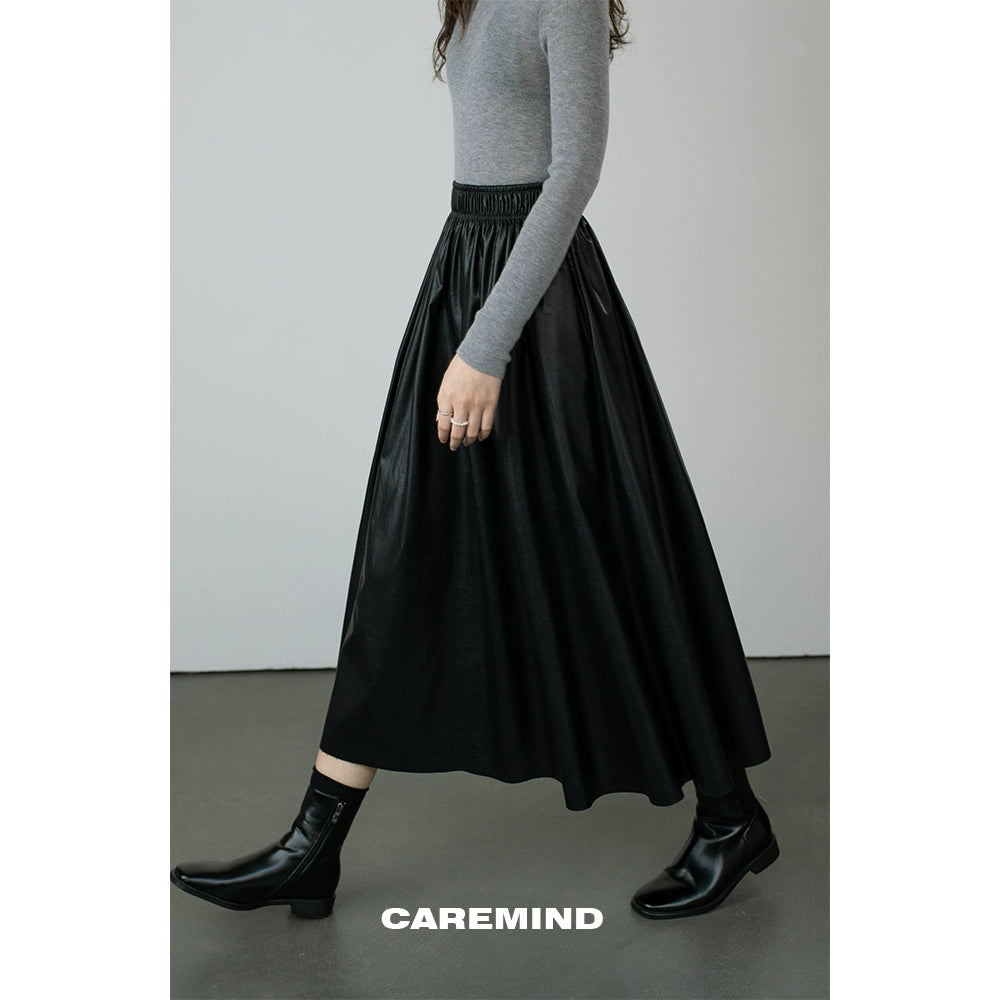 CAREMIND [Urban Street] Falda de cuero ajustada con cintura elástica y banda de goma de PU para mujer 