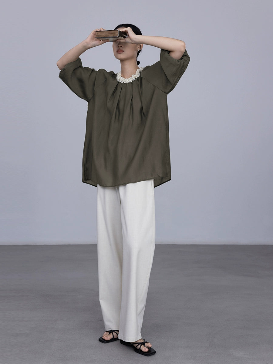 Camisa de cuello de pétalo tridimensional de industria pesada única de estilo extranjero de CAREMIND, camisa hermosa simple de manga media, nueva primavera 