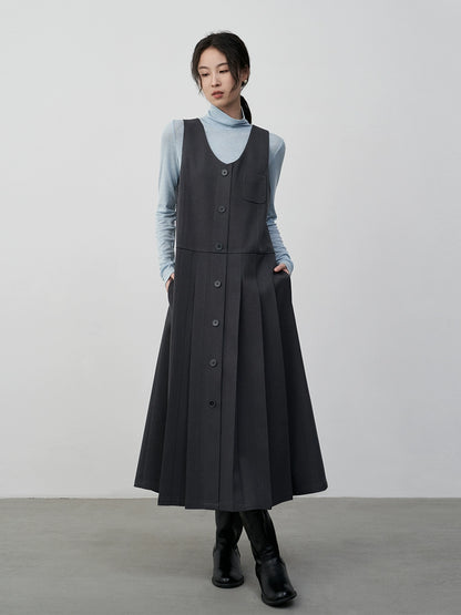 [Oferta especial por tiempo limitado] Vestido plisado con diseño de chaleco apilado versátil y falda larga con cuello en U sin mangas 