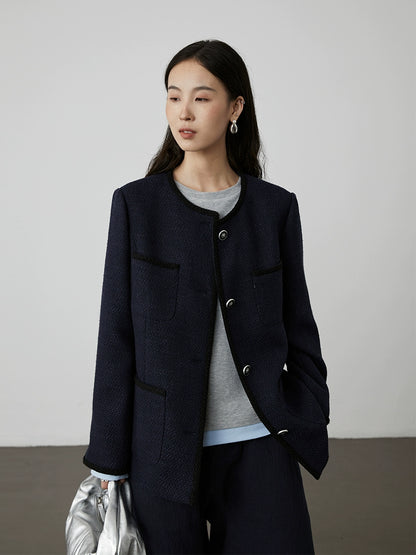 [Italian Slack] Chaqueta Xiaoxiangfeng azul marino elegante CAREMIND Nueva camiseta corta de temperamento premium Otoño 
