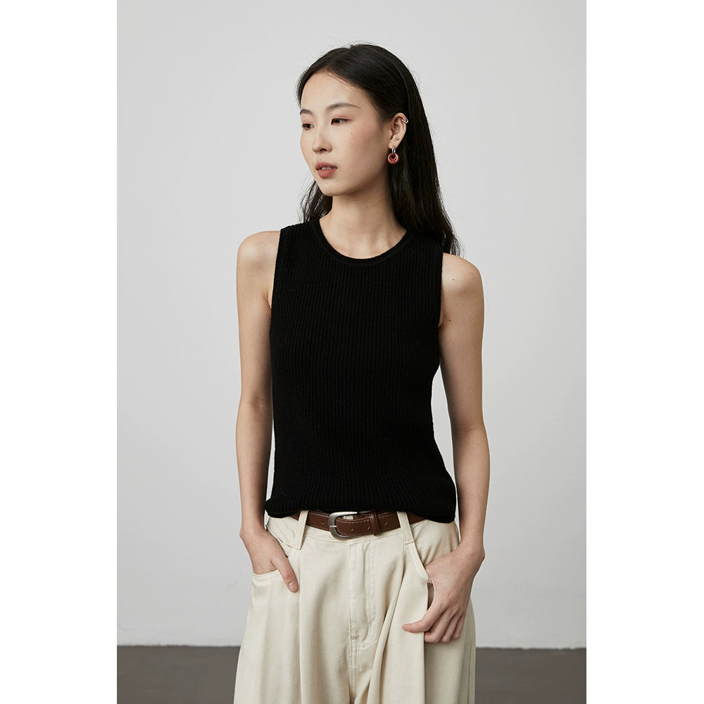 [Chaleco totalmente de lana] Chaleco sin mangas de lana CAREMIND, camiseta de punto con cuello redondo y tiras simples en las sienes 