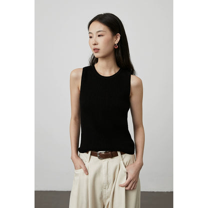 [Chaleco totalmente de lana] Chaleco sin mangas de lana CAREMIND, camiseta de punto con cuello redondo y tiras simples en las sienes 