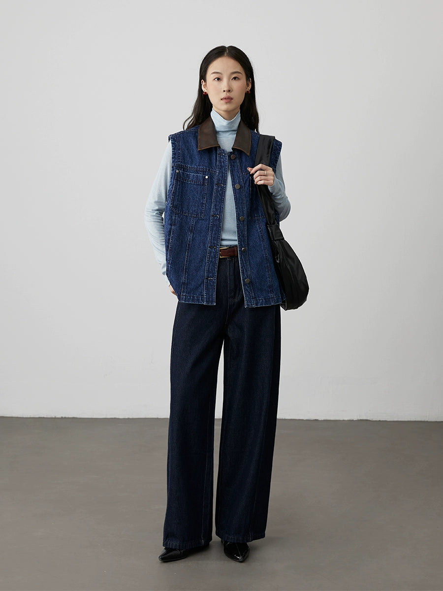 [Road denim] CAREMIND fashionable retro dark blue denim vest contrasting color splicing sleeveless vest jacket