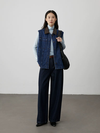[Road denim] CAREMIND fashionable retro dark blue denim vest contrasting color splicing sleeveless vest jacket