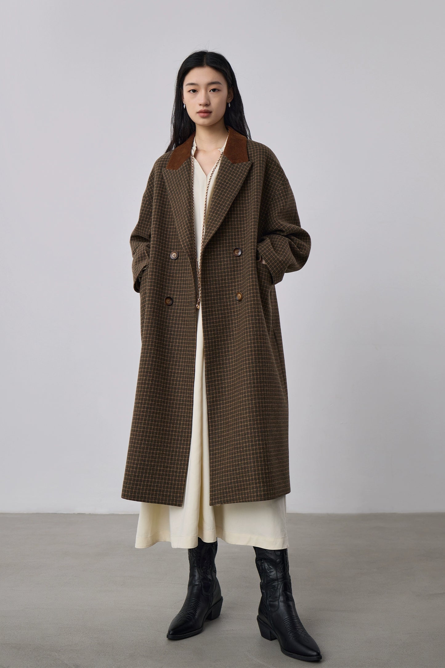 [Offre spéciale à durée limitée] Manteau long en laine à double boutonnage rétro, manteau en laine à motif de grille d'oiseau d'hiver swing