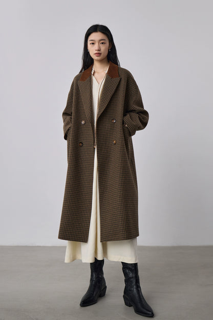[Offre spéciale à durée limitée] Manteau long en laine à double boutonnage rétro, manteau en laine à motif de grille d'oiseau d'hiver swing
