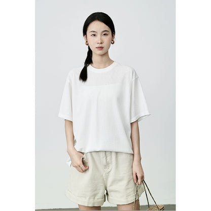 Camiseta básica de manga corta blanca versátil CAREMIND con cuello redondo y cinco mangas en los hombros 