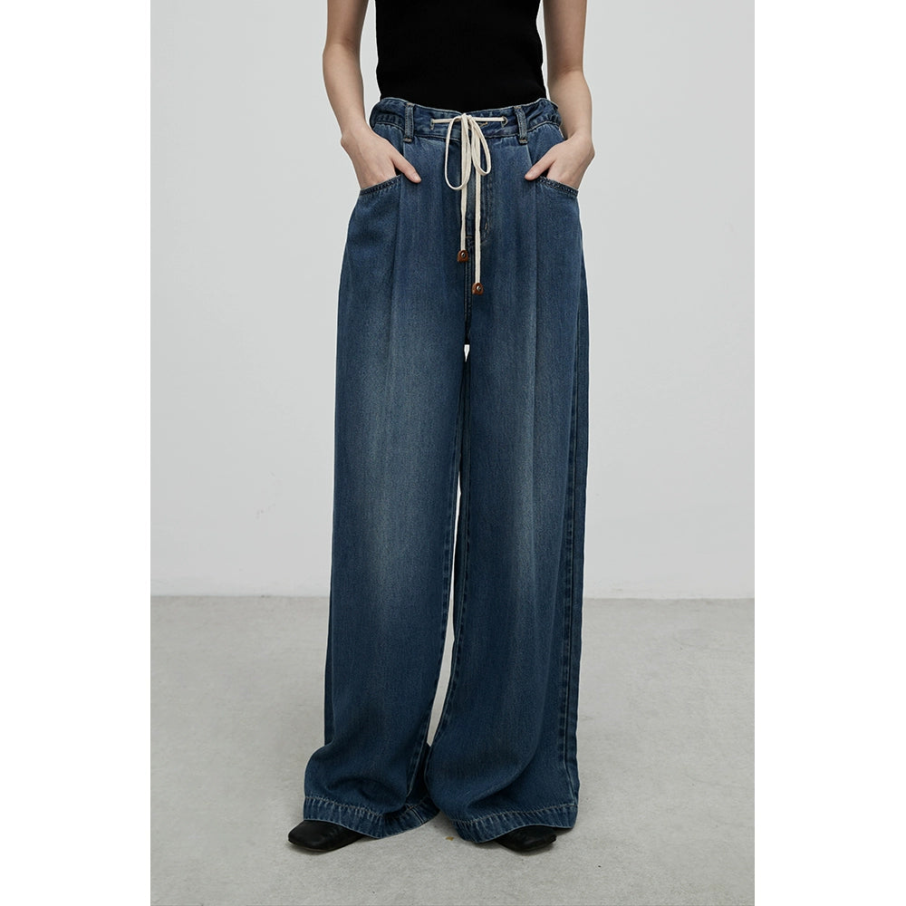 [Vaqueros claros] Pantalones vaqueros rectos de tencel cómodos y azules de CAREMIND, pantalones anchos y altos con fruncido 