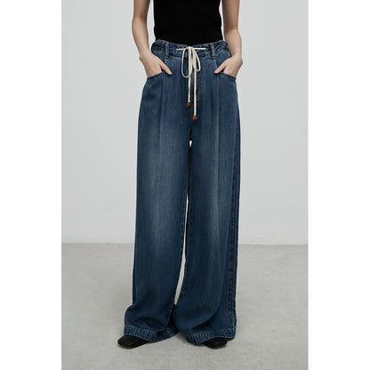 [Vaqueros claros] Pantalones vaqueros rectos de tencel cómodos y azules de CAREMIND, pantalones anchos y altos con fruncido 