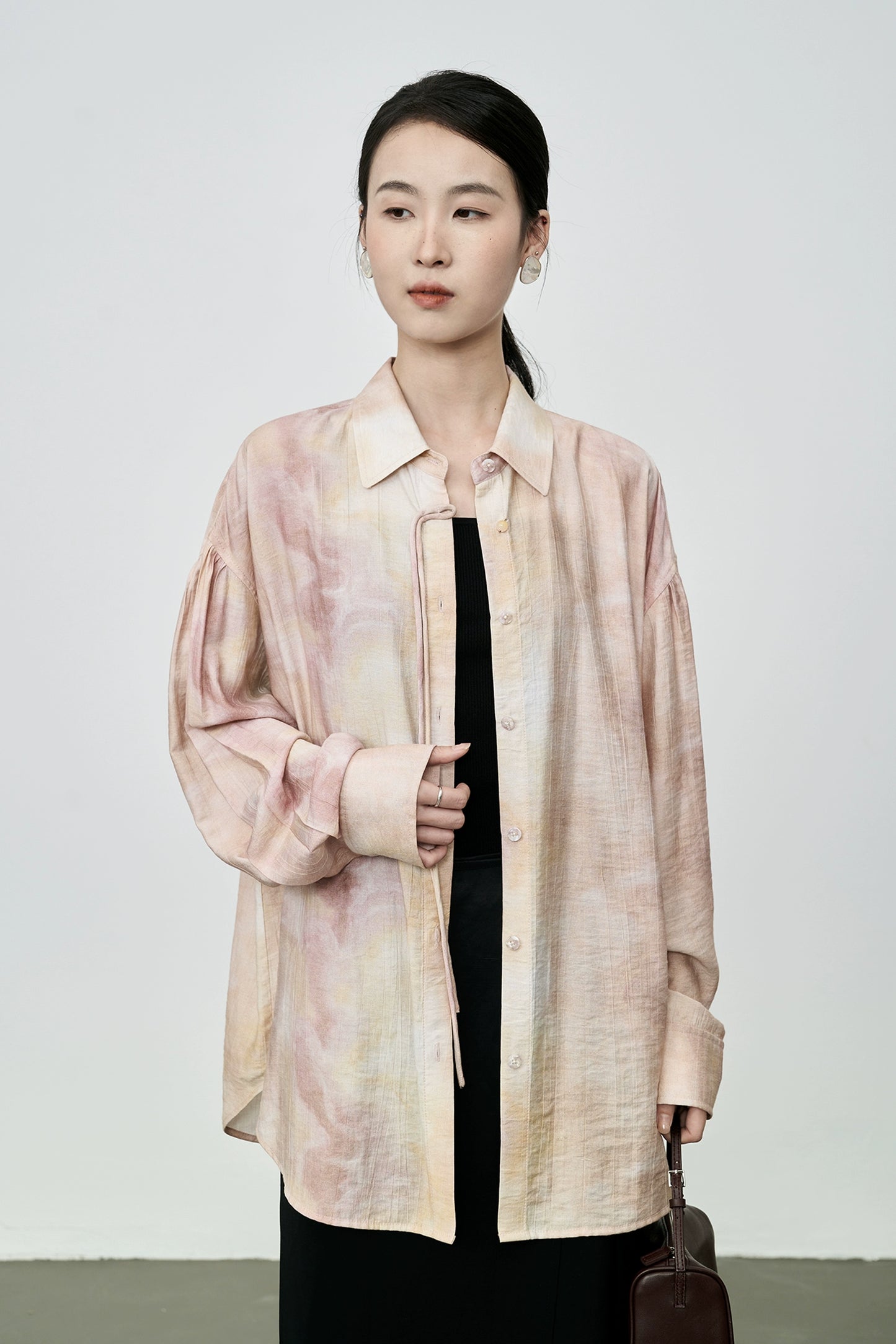 CAREMIND Nouvelle chemise à boutons fumés pêche chinoise Design d'été Tache d'encre Chemise à manches longues fine et climatisée