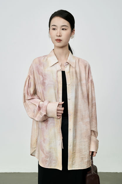 CAREMIND Nouvelle chemise à boutons fumés pêche chinoise Design d'été Tache d'encre Chemise à manches longues fine et climatisée